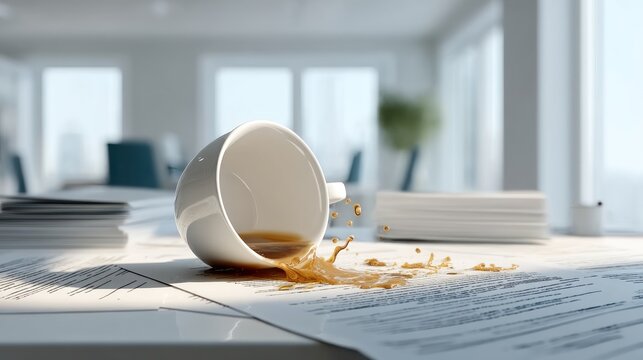 Spilled coffee on documents in office