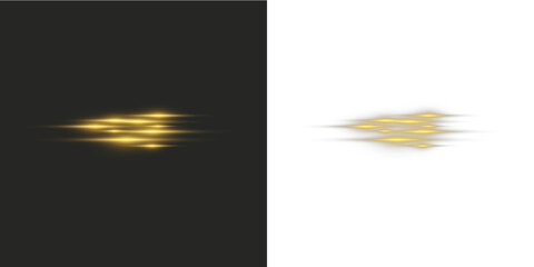Speed golden glowing light streaks with soft blur, horizontal energy flashes, luminous motion blur effect, bright shine trails on dark background.