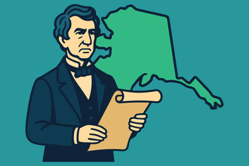 Illustration of andrew johnson with a scroll and the outline of alaska