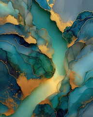 Naklejka premium Jade-green watercolor ink abstraction with translucent layers and gold-dust veining in fluid marble texture