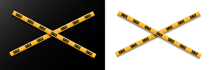 Yellow sale tape arranged in a bold crossed X-shape with black text on transparent background, ideal for PNG overlays, discount banners, promotional ads, attention-grabbing sales and retail designs.