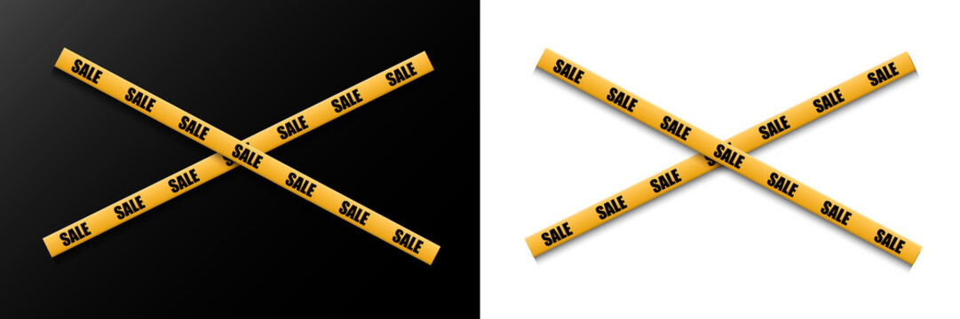 Yellow sale tape arranged in a bold crossed X-shape with black text on transparent background, ideal for PNG overlays, discount banners, promotional ads, attention-grabbing sales and retail designs.