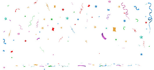 Colorful falling confetti with ribbons, stars, and paper shapes on transparent background PNG.