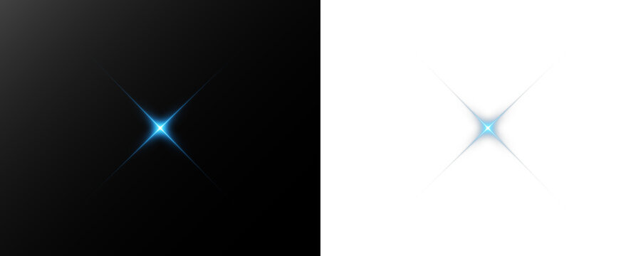 Bright blue light flare with sharp glowing rays and clean star-shaped shine on transparent background, ideal for PNG overlays, highlights, lens flare effects and futuristic digital design.