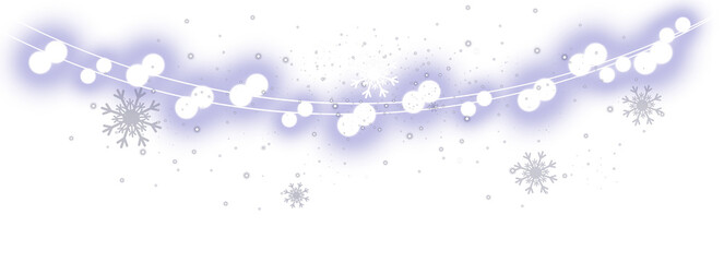Blue glowing Christmas garland with bright lights, falling snowflakes, and sparkling winter particles on transparent background PNG.