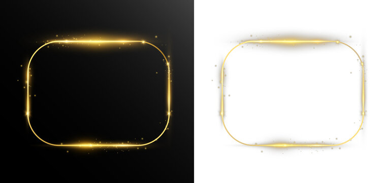 Golden glowing rectangular frame with soft light trails and sparkling particles on transparent background PNG.