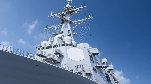 A naval ship moves forward under a clear blue sky as the camera shows its bow rising slightly while the vessel advances through calm waters creating stable maritime forward action