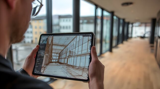 
Architect scanning a building with an iPad to create a 3D model. Concept: architectural scanning, 3D modeling, building analysis, digital construction tools, material recognition, modern design techn