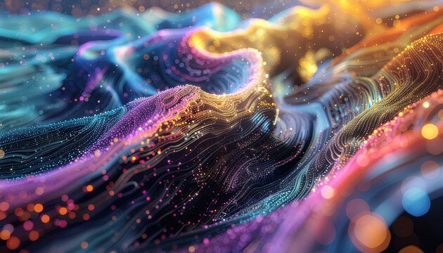 Abstract colorful swirling particle wave with bokeh lights and glowing effect abstract background digital art