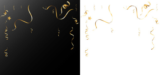 Golden festive confetti and curling metallic ribbons with scattered stars on transparent background PNG.
