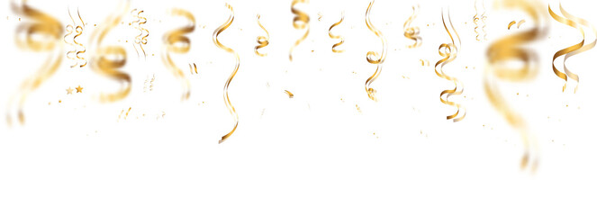 Golden festive confetti streamers and curling metallic ribbons with scattered stars on transparent background PNG.