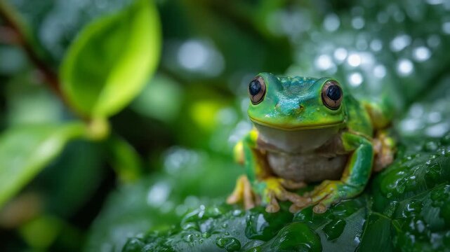 197Macro shot of a vibrant green tree frog perched on a wet leaf, intricate skin texture and glistening eyes in sharp focus, natural sunlight highlighting its vivid colors