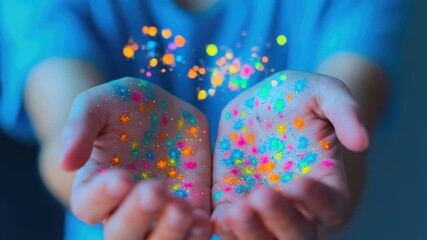 Vibrant luminous microorganisms emanating from open hands, tiny colorful bioluminescent bacteria cells forming an energetic ethereal biological concept.