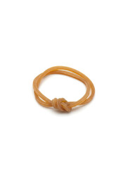 A Tan Rubber Band Tied in a Knot Against a Clean White Background Showing Texture and Detail