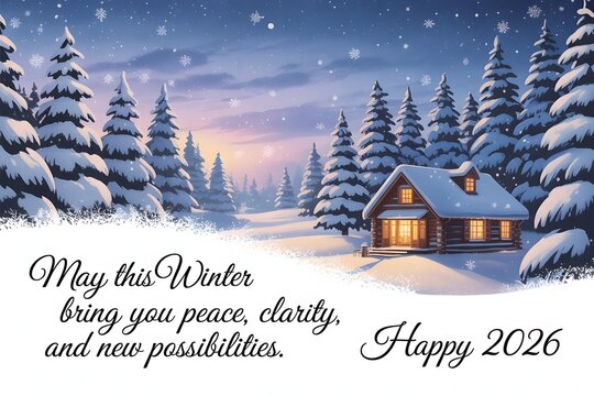 Cozy log cabin in snowy forest with winter greeting