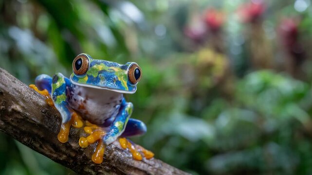 202Vibrant macro of a multi-colored tree frog clinging to a branch, detailed eyes and patterned skin, blurred jungle background enhancing focus on the frog