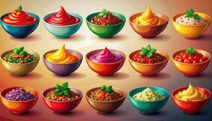 Collection Of Vibrant Bowls Filled With Assorted Dips Sauces And Toppings In A Studio Setting