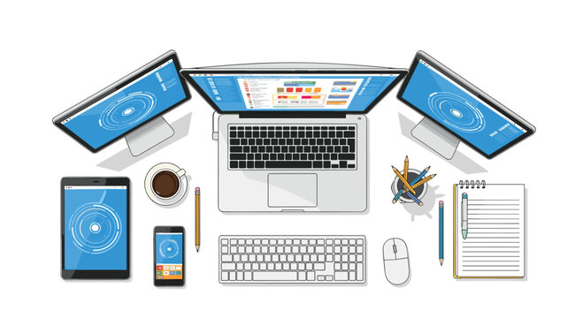 Top-down view of a modern multi-device workspace with a laptop multiple screens a tablet and a smartphone for productivity.