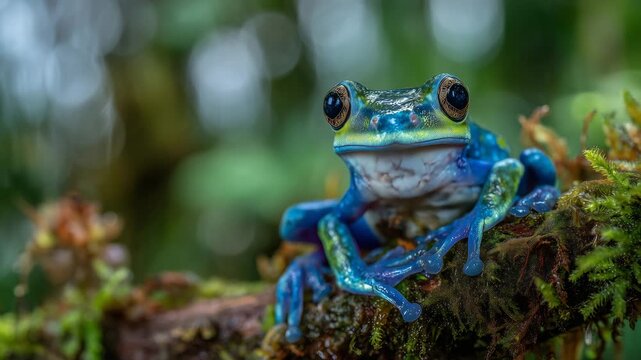 207Macro shot of a neon green and blue frog perched on a mossy branch, detailed close-up of moist skin and bright eyes, background bokeh highlighting natural jungle environment