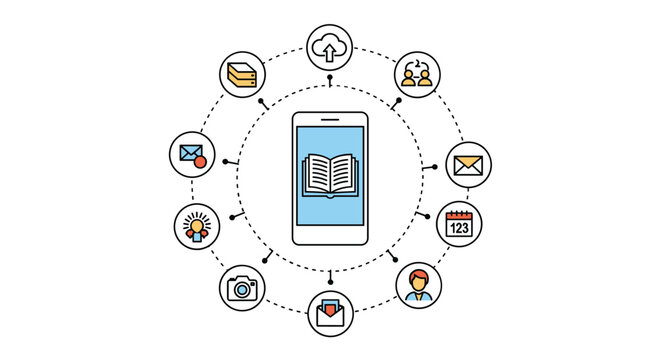 E-learning concept with a central smartphone displaying an ebook surrounded by a network of interconnected digital application icons.