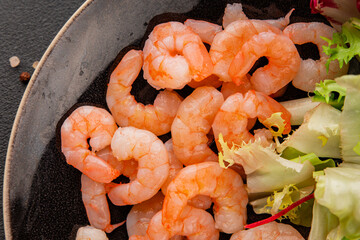 Shrimp salad seafood appetizer tasty snack fresh gourmet food background on table rustic food top view copy space pescetarian diet