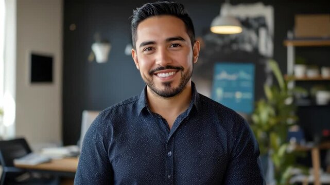 portrait of smiling hispanic businessman looking at camera with confidence. young successful entrepreneur or employee in modern office. corporate headshot. business concept.