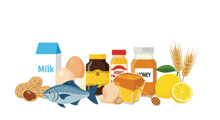 Common food allergens including milk eggs fish peanuts honey and wheat are grouped together for allergy awareness concepts.