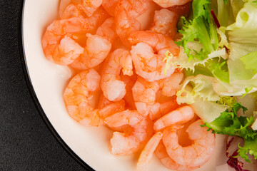 Shrimp salad seafood appetizer tasty snack fresh gourmet food background on table rustic food top view copy space pescetarian diet