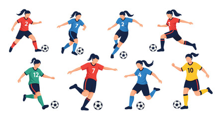 Collection of female soccer players in various dynamic action poses like dribbling kicking and running with the soccer ball.