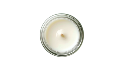 Unlit candle, top-down view; white wax in clear jar