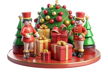 Two toy soldiers flanking Christmas tree and gifts