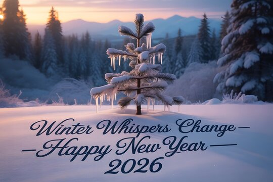 Snow covered pine tree with icicles at sunset winter