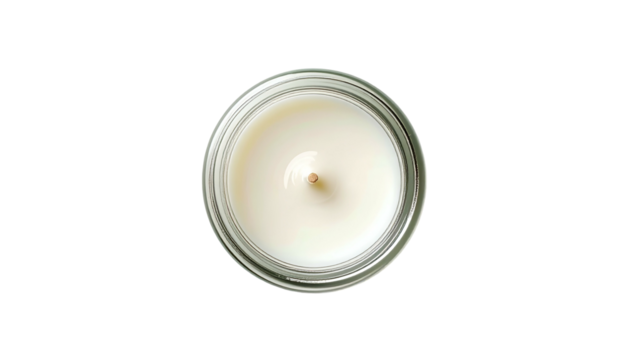 Unlit candle, top-down view; white wax in clear jar