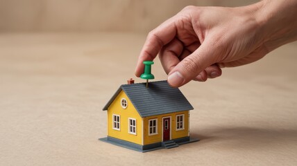 Human hand positions a green pushpin onto the roof of a small yellow miniature house
