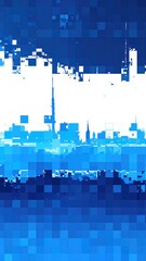 Pixelated city skyline fades from blue to white