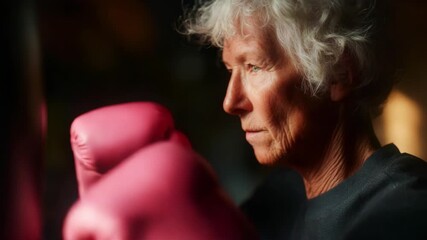 A determined elderly woman focusing intently while preparing for a boxing match, showcasing her strength and resilience, with vibrant pink gloves highlighting her dedication and spirit.