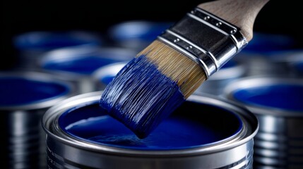 Paintbrush bristles soaking deeply into a can of blue paint, ready for application and color change in home decor