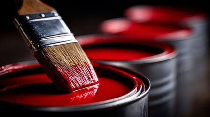 Paintbrush bristles soaking rich red liquid paint from an open can. Other paint cans blur in the background