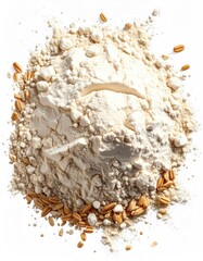 Flour heap with wheat grains on a white background