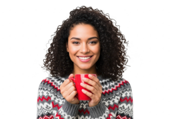 Young woman holding a red mug, isolated on transparent background