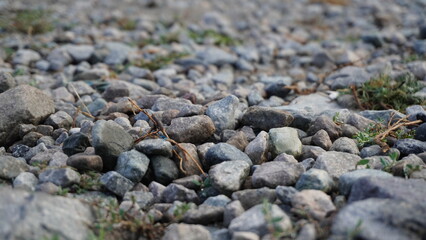 Macro close-up of scattered gray and brown river rocks with subtle variations and texture, geology concept.