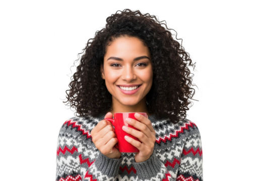 Young woman holding a red mug, isolated on transparent background