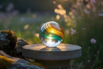 Luminous glass orb with swirling gold and green patterns on stone pedestal