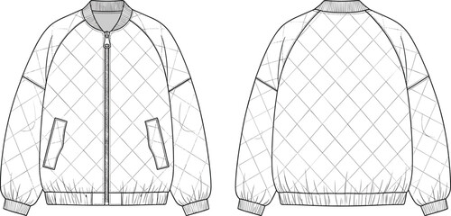 Technical fashion drawing of quilted bomber jacket with zipper, front and back view flat sketch, vector illustration for clothing design.