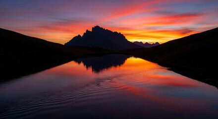 Fiery Sunset Reflection on Serene Mountain Lake - A Breathtaking Landscape.