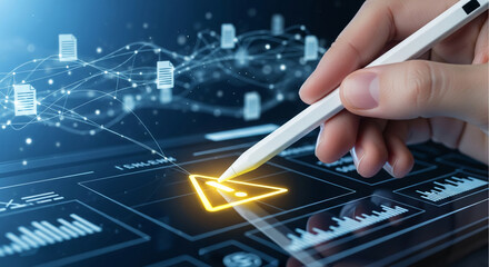 Hand using white stylus on black digital screen with glowing warning sign, representing data, analysis, and security. Technology concept
