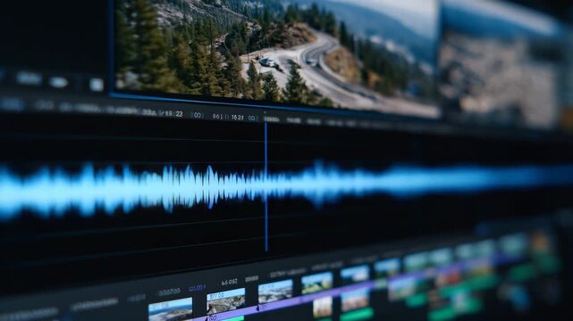 228High-resolution shot of video editing software UI, audio waveform in focus, color-graded clips on timeline, preview of cinematic footage, professional workspace aesthetic