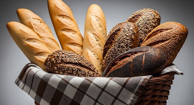 Freshly baked artisan bread assortment in a rustic basket