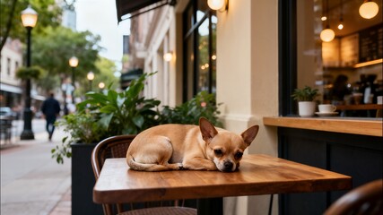 A tiny Chihuahua dog is curled up and resting peacefully on a wooden table at an outdoor street cafe, enjoying the relaxed atmosphere on a pleasant day.