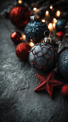 Dark Moody Christmas Background with Red and Blue Ornaments, Star and Bokeh Lights
